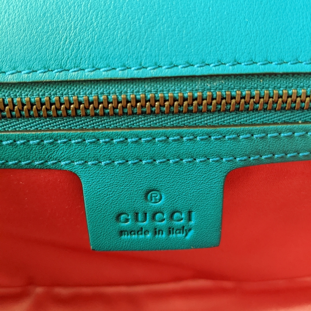 Gucci Velvet Matelasse Embroidered Small GG Marmont Shoulder Bag Pavone Cyan - Picture 14 of 15